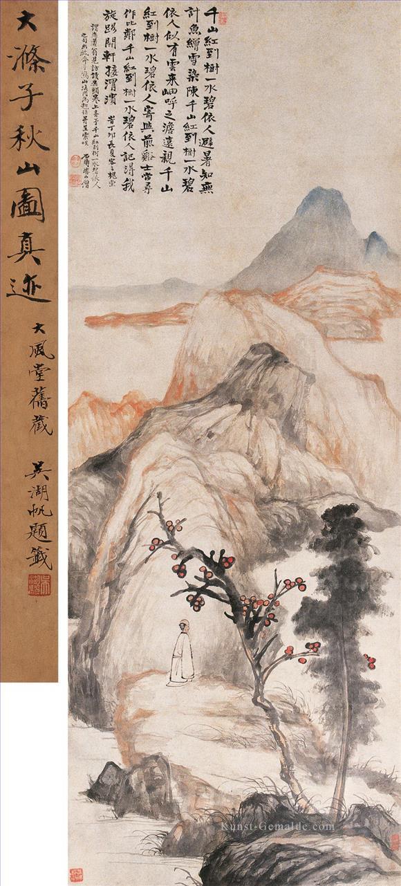 Shitao roter Baum in den Bergen alte China Tinte Ölgemälde
